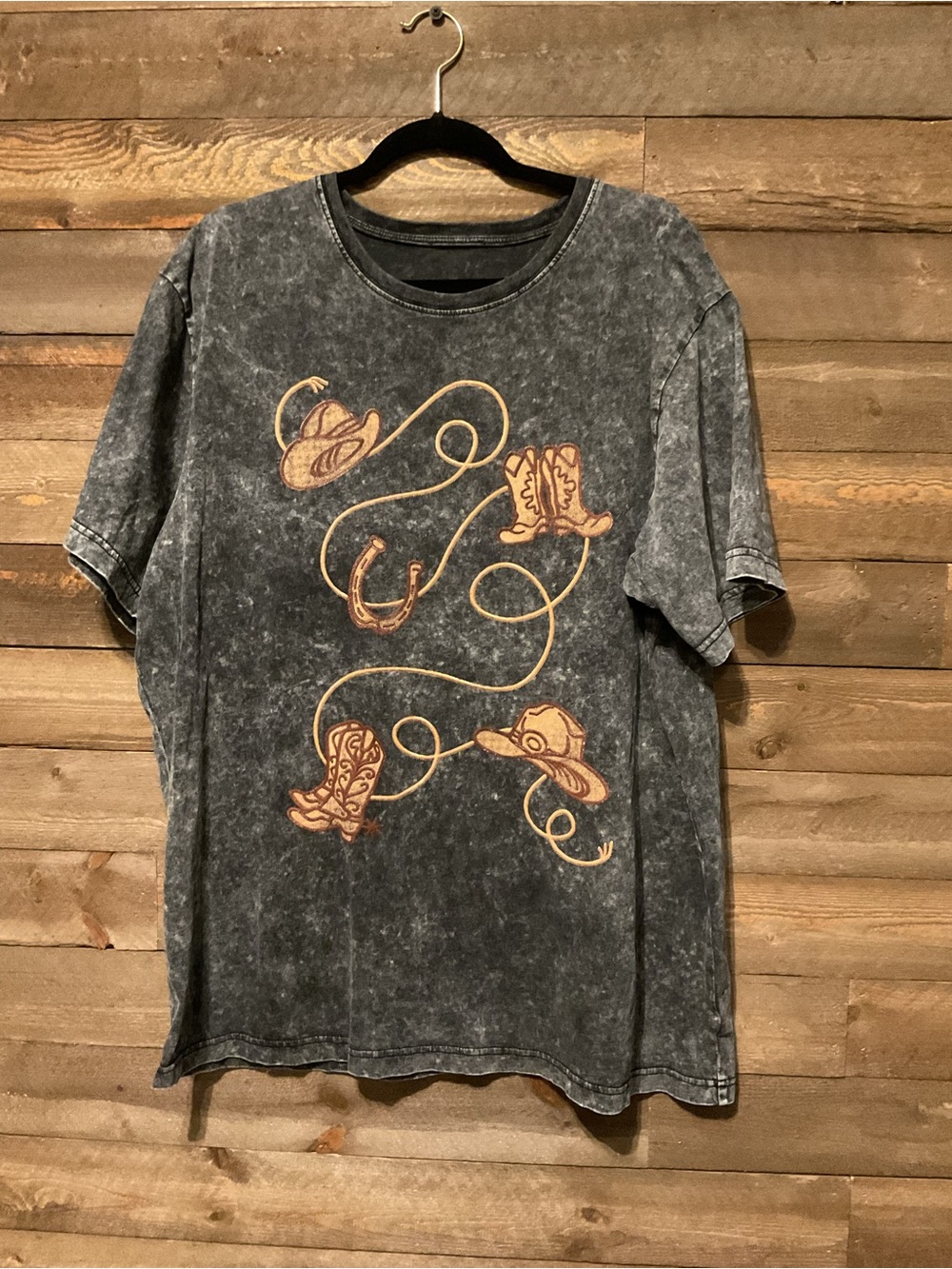 Black Minearal Washed Western Shirt Boots Horseshoes And Rope Women’s Size Large